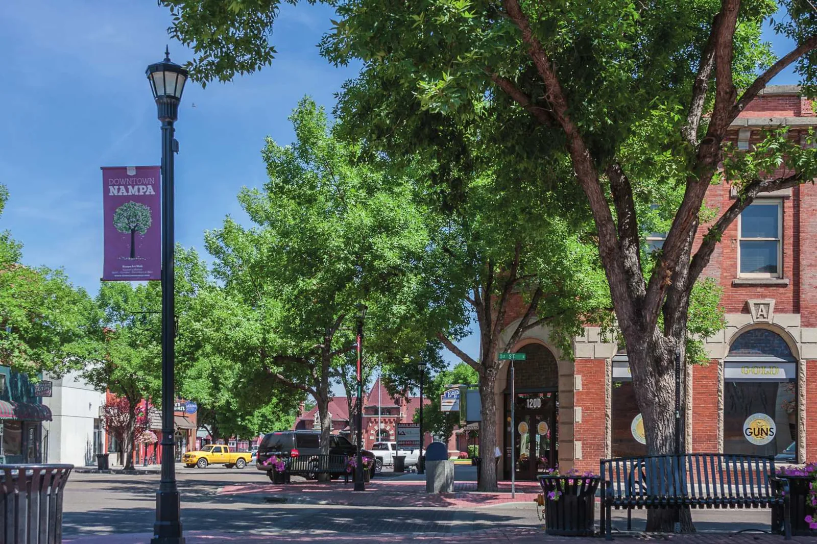Tree-lined historic downtown street in Nampa, Idaho
