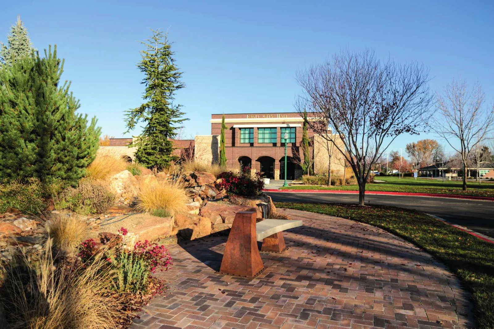 Public building and landscaped plaza in Eagle, Idaho